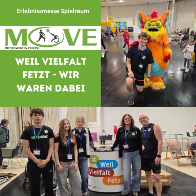 Was für ein Wochenende! 💥
Am 01. und 02. November waren wir mit unserem Projekt MOVE – MOTOR MICKTEN VEREINt auf der Spielraum – der inklusiven Erlebnismesse „Weil Vielfalt fetzt“ in der Messe Dresden dabei! 🙌

An unserem Stand konntet ihr Sitzvolleyball 🏐 und Tischtennis 🏓 ausprobieren – barrierefrei, inklusiv und mit jeder Menge Spaß! 😄
Wir freuen uns riesig über alle, die mitgemacht, gelacht und gezeigt haben, dass Sport verbindet – egal ob mit oder ohne Handicap. 💛

Ein riesiges Dankeschön an alle Besucherinnen, Helferinnen und Organisator*innen – ihr habt dieses Wochenende unvergesslich gemacht! 💪
#MOVE #Inklusion #WeilVielfaltFetzt #Dresden #Spielraum2025 #SportVerbindet #Sitzvolleyball #Tischtennis #Teamgeist