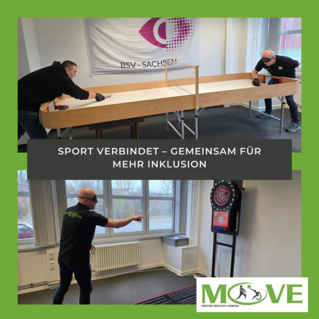 Wir waren zu Besuch beim Sächsischen Blinden- und Sehbehindertenverband 🤝

Ziel unseres Treffens: Austausch über eine mögliche Zusammenarbeit im Sport – und wir haben richtig spannende Ideen im Gepäck! 💡 Gemeinsam planen wir, künftig Goalball anzubieten 🏐

Vor Ort haben wir die Gelegenheit genutzt, selbst aktiv zu werden und einige Freizeitangebote des Verbands auszuprobieren – darunter Dart 🎯 und Showdown. Eine ganz besondere Erfahrung!

Highlight des Tages: Das Match zwischen Matthias Wenzel und René Käfer 😄 Trotz seiner vielen sportlichen Erfahrungen hatte Matthias mit Dunkelmaske kaum Chancen gegen René – aber eines war klar: Der Spaß stand für beide im Vordergrund! 🙌

Wir freuen uns auf die weitere Zusammenarbeit und viele gemeinsame sportliche Momente! 💪

#MOVE #Goalball #Barrierefrei #InklusiverSport #Teilhabe #Blindensport #Sehbehindert #SportFürAlle