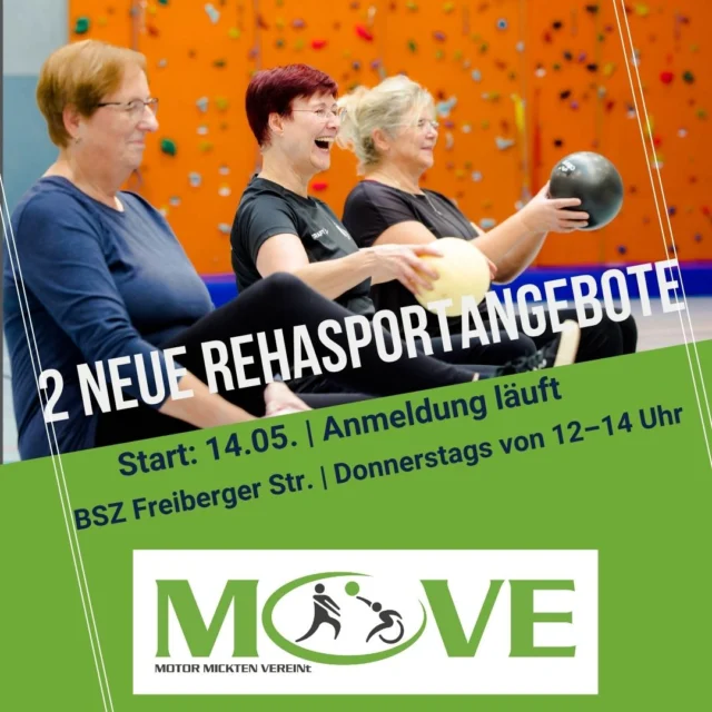 🚨 Neue Rehasportgruppen bei Motor Mickten! 🚨

Ab dem 14. Mai starten wir mit zwei neuen Rehasportgruppen im
📍 BSZ Freiberger Straße 30

👉 Orthopädie-Gruppe von 12 bis 13 Uhr
👉 Neurologie-Gruppe von 13 bis 14 Uhr

Die Anmeldung ist ab sofort möglich unter:
📧 rehasport@motor-mickten.de

Sichert euch jetzt euren Platz – wir freuen uns auf euch!
#MOVE#SportfuerAlle#Rehasport#MotorMickten#Dresden