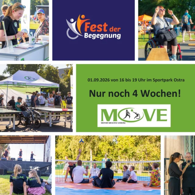 Nur noch 4 Wochen!
Bald ist es endlich soweit: Am 1. September 2026 findet das Fest der Begegnung im Ostragehege Dresden statt – und wir vom SV Motor Mickten sind mit dabei! 💙
Besucht uns an unserem Stand und probiert unsere inklusiven Mitmachangebote aus:
🏐 Sitzvolleyball
🏓 Inklusives Tischtennis

Freut euch außerdem auf viele weitere Sport- und Mitmachangebote, ein abwechslungsreiches Bühnenprogramm und jede Menge Begegnungen in einer offenen und inklusiven Atmosphäre.
📅 Dienstag, 1. September 2026
🕓 16:00–19:00 Uhr
📍 Ostragehege Dresden
Kommt vorbei, macht mit und erlebt einen Nachmittag voller Sport, Vielfalt und Gemeinschaft. Wir freuen uns auf euch! 🙌
#FestDerBegegnung #MotorMickten #Inklusion #SportFürAlle #Dresden #Sitzvolleyball #Tischtennis #GemeinsamAktiv #VielfaltVerbindet