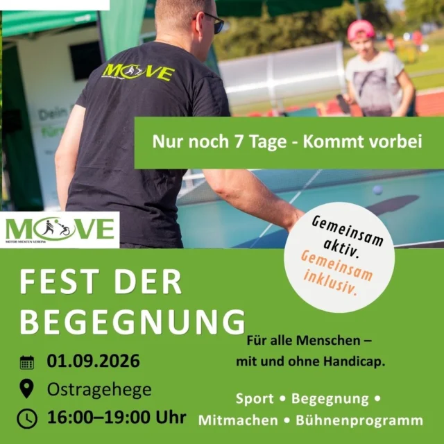 Nur noch 7 Tage bis zum Fest der Begegnung! 💙

Der Countdown läuft: Schon am 1. September 2026 findet das Fest der Begegnung im Sportpark Ostra statt – und wir von Motor Mickten sind natürlich mit dabei! 🙌

Besucht uns an unserem Stand und probiert unsere inklusiven Mitmachangebote aus:

🏐 Sitzvolleyball
🏓 Inklusives Tischtennis

Freut euch außerdem auf viele weitere Sport- und Mitmachangebote, ein buntes Bühnenprogramm und jede Menge Begegnungen in einer offenen und inklusiven Atmosphäre.

📅 Dienstag, 1. September 2026
🕓 16:00–19:30 Uhr
📍 Sportpark Ostra, Dresden

Noch 7 Tage – dann heißt es: gemeinsam bewegen, ausprobieren und Vielfalt erleben! 💙

Kommt vorbei und macht mit. Wir freuen uns auf euch! 🙌

#FestDerBegegnung #MotorMickten #Inklusion #SportFürAlle #Dresden #Sitzvolleyball #Tischtennis #GemeinsamAktiv #VielfaltVerbindet