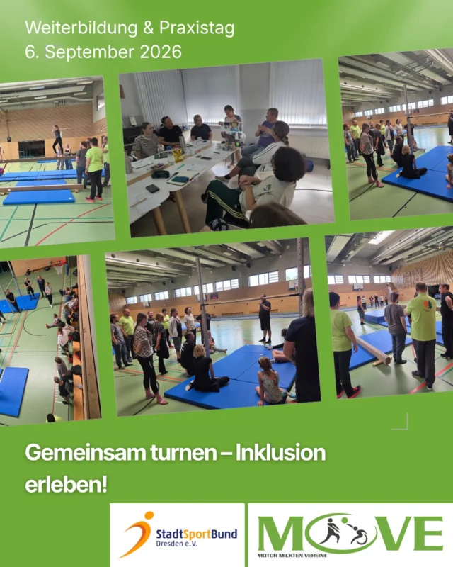 Gemeinsam turnen: Inklusions-Weiterbildung und Praxistag

Am 6. September drehte sich alles um die Frage: Wie können Turnangebote so gestaltet werden, dass wirklich alle Kinder mitmachen können? 
Die Veranstaltung wurde gemeinsam vom Stadtsportbund Dresden e. V. und unserem Inklusionsprojekt „MOVE – Motor Mickten verein(t)“ durchgeführt. Sie richtete sich an Übungsleitungen, Trainer, Vereinsverantwortliche und Multiplikator, die Inklusion im Turnen praktisch umsetzen und weiterentwickeln möchten.
Ein besonderer Programmpunkt war der Austausch mit Annabell und Markus Tschech-Löffler. Sie berichteten von ihren persönlichen Erfahrungen im Turnsport und vom Turnen mit Down-Syndrom. Außerdem gaben sie spannende Einblicke in internationale Wettkämpfe und teilten ihre Erfahrungen und Erlebnisse mit den Teilnehmenden. 
Ein Tag mit vielen praktischen Impulsen, wertvollen Begegnungen und neuen Perspektiven – und ein weiterer wichtiger Schritt hin zu mehr Inklusion im Vereinssport.
Denn gemeinsam turnen heißt: mitmachen, ausprobieren und dazugehören. 
#MOVE #InklusiverSport #StadtsportbundDresden #MotorMickten #Turnen #SportFürAlle