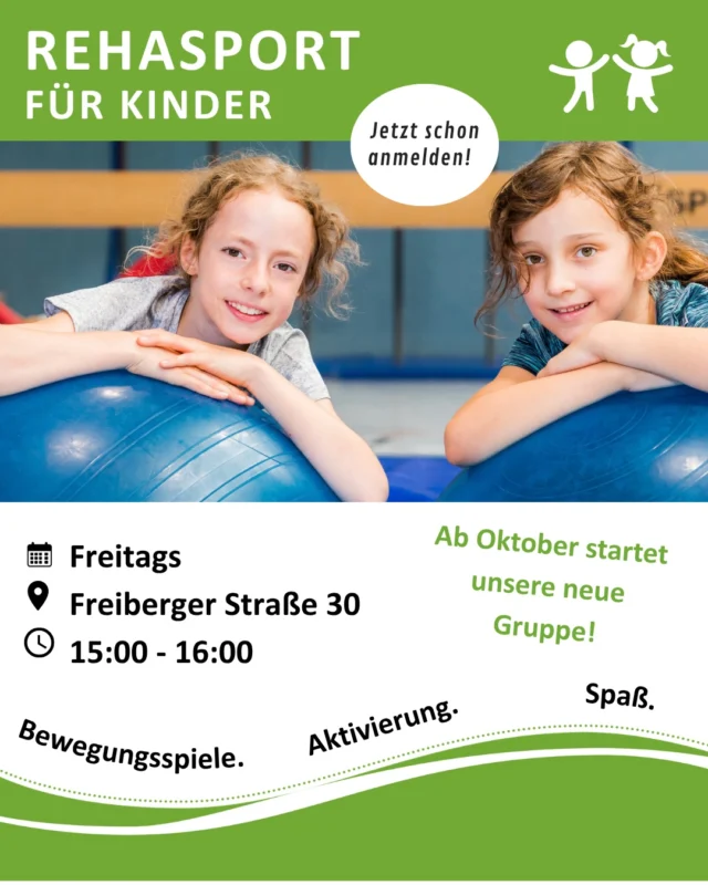 🏃‍♀️ NEU: Rehasport für Kinder bei Motor Mickten! 🏃‍♂️

Ab Oktober 2026 startet bei uns eine neue Rehasportgruppe speziell für Kinder. Gemeinsam wollen wir mit viel Freude an Bewegung die motorischen Fähigkeiten fördern und die Kinder in ihrer körperlichen Entwicklung unterstützen.

📅 Wann? Freitags, 15:00–16:00 Uhr
📍 Wo? Turnhalle BSZ Gastgewerbe, Freiberger Straße 30, Dresden
🚀 Start: Oktober 2026

Anmeldungen sind ab sofort möglich!

📧 Anmeldung & Informationen:
sylvia.zeissig@motor-mickten.de

Wir freuen uns auf viele bewegungsfreudige Kinder! 💙

#MotorMickten #RehasportKinder #Kindersport #BewegungFürAlle