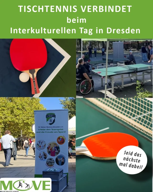 🏓 Tischtennis verbindet! 🌍💙

Am Samstag waren wir im Rahmen der Interkulturellen Tage Dresden beim Interkulturellen Straßenfest auf dem Jorge-Gomondai-Platz dabei.

Mit unserem Angebot Tischtennis inklusiv konnten Groß und Klein gemeinsam aktiv werden, Neues ausprobieren und miteinander ins Gespräch kommen. Denn Sport verbindet – unabhängig von Herkunft, Alter oder Beeinträchtigung. 🤝🏓

Ein ganz besonderes Dankeschön geht an unsere ehrenamtlichen Helfer, die an diesem Tag vor Ort waren, unser Angebot betreut und damit solche Aktionen überhaupt erst möglich gemacht haben. 💙

Danke für euren Einsatz und eure Zeit!

#MOVE #InterkulturelleTage #Dresden #TischtennisInklusiv #InklusionImSport #SportVerbindet #Ehrenamt #GemeinsamAktiv #VielfaltImSport