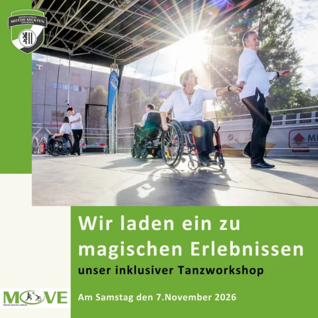 Tanzen verbindet – sei dabei!

Am 7. November laden wir Euch zu unserem inklusiven Tanzworkshop ein! Gemeinsam mit Andrea Volkmann wollen wir tanzen, Neues ausprobieren und vor allem gemeinsam Spaß an Bewegung und Musik haben. 

Euch erwarten unter anderem:
✨ Kreis- & Square Dance
✨ eine gemeinsame Flashmob-Choreografie
✨ Party- & Disco-Tanz
✨ jede Menge Bewegung und Begegnung

Das Wichtigste: Alle können mitmachen! 
Egal ob mit oder ohne Behinderung, mit Tanzerfahrung oder ganz ohne – der Workshop ist für alle Interessierten offen.

📅 Samstag, 7. November 2026
⏰ 10:00–13:00 Uhr
📍 Turnhalle der 35. Grundschule
Badweg 1, 01159 Dresden
💶 5 € pro Person

📩 Anmeldung: sv@motor-mickten.de

Der Workshop findet im Rahmen unseres Projekts „MOVE – Motor Mickten verein(t)“ mit Unterstützung von Aktion Mensch statt.

Wir freuen uns auf Euch! 💃🕺

#MOVE #Inklusion#TanzenFürAlle #Dresden #InklusionImSport #MotorMickten